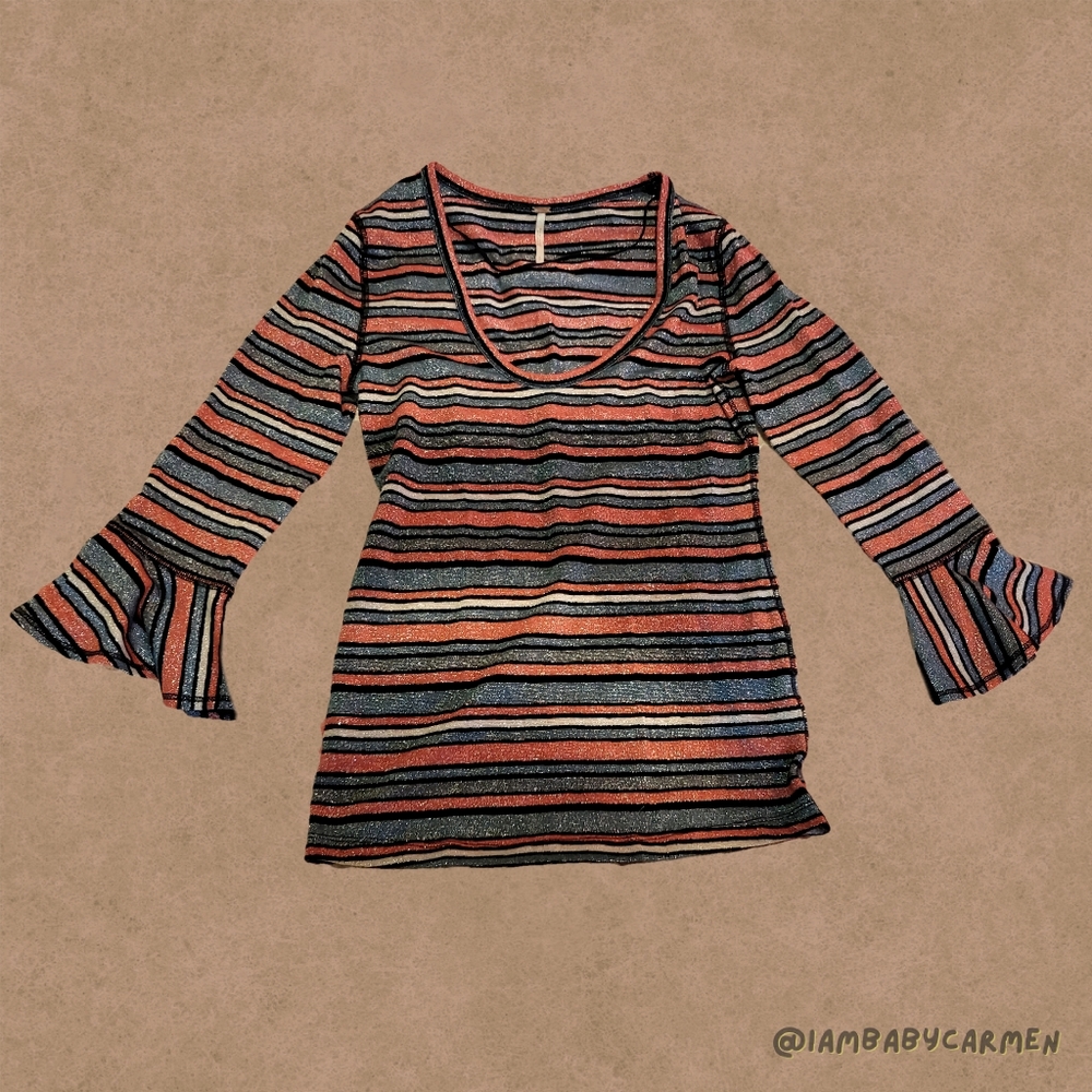 Anthropologies - Stripped Blouse with Dipped Neckline & Flare Sleeve